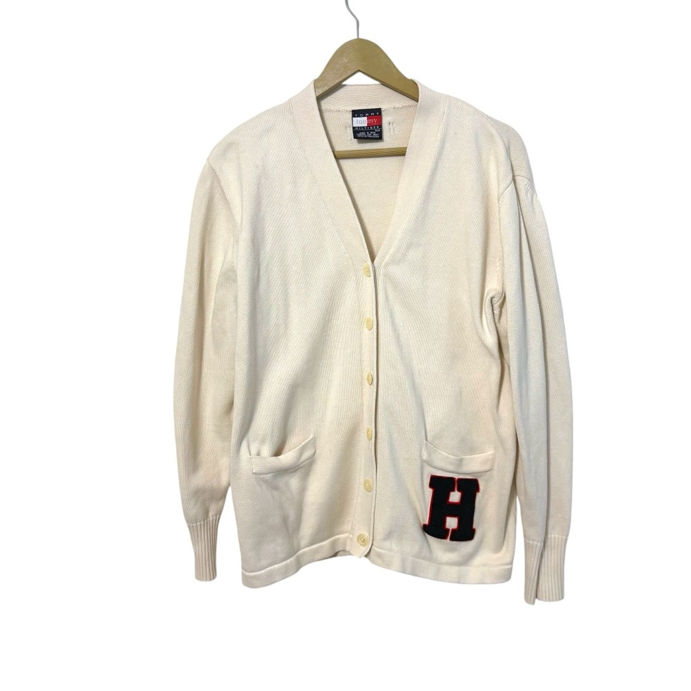 Vintage Tommy Hilfiger Medium Ivory H Patch Cardigan Old Money Preppy Letterman